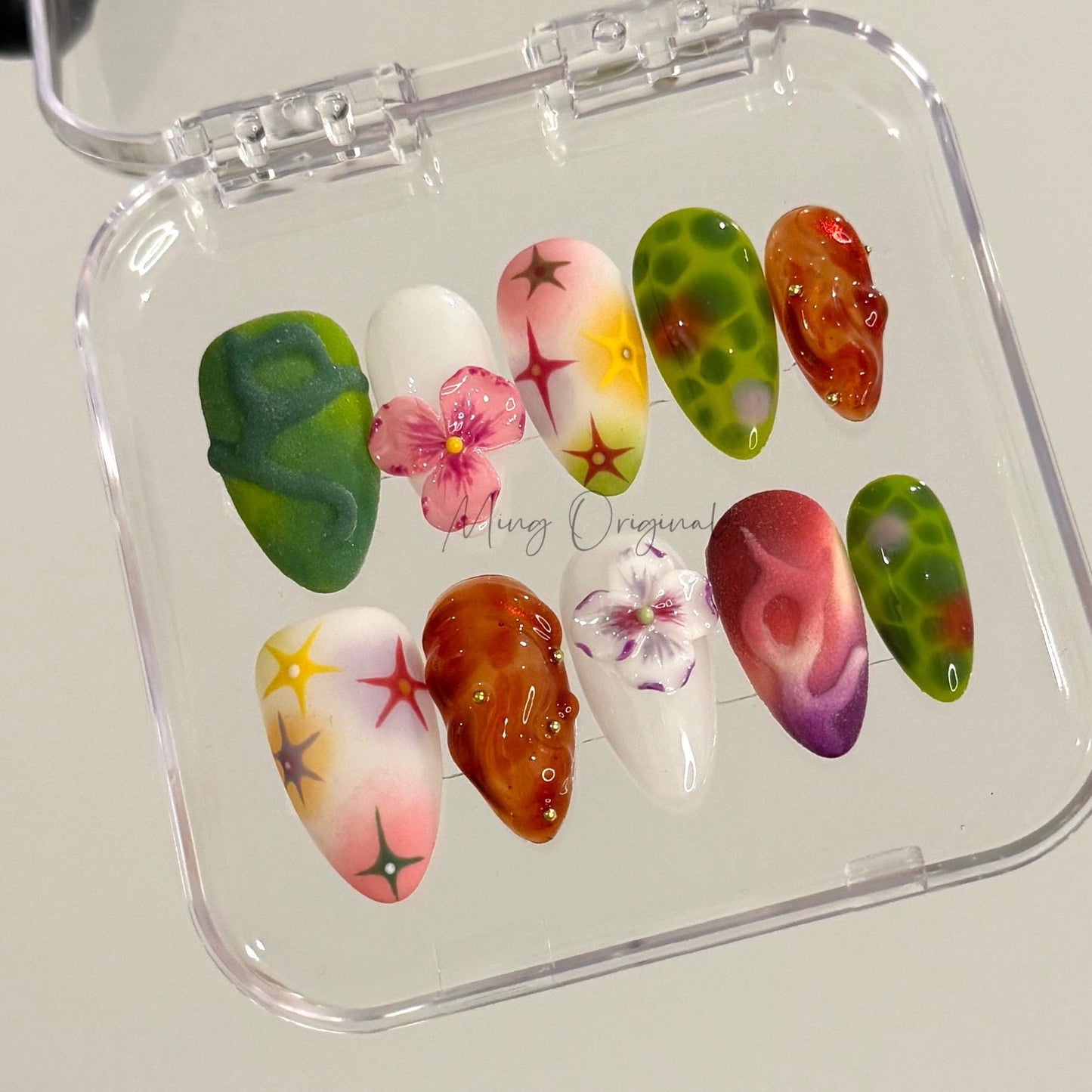 Spring Blossom free style bubbly color Press On Nails,  3D Floral, Jelly Textures, Airbrush Art, Handmade Nail Set, gift for her, MP429