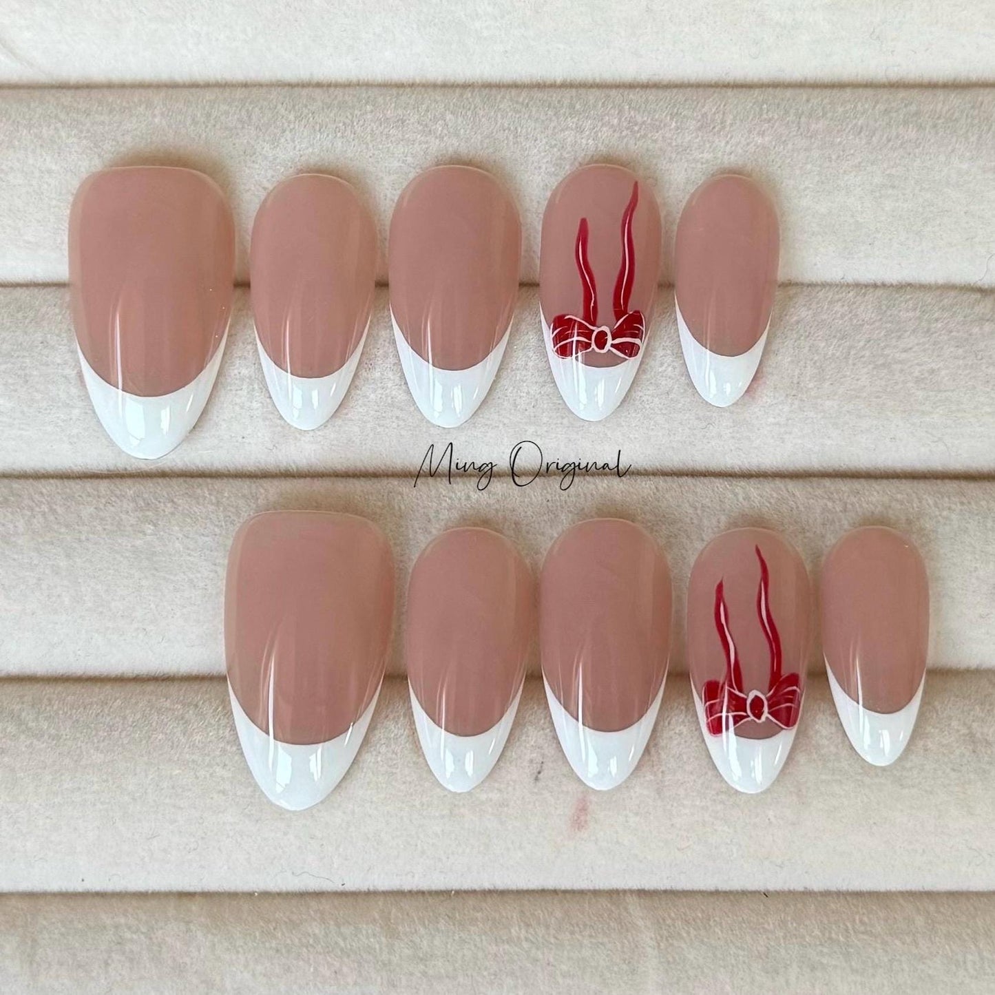Minimalist cute bow ties style red bow ribbon Press on Nails, classy white french tip Nails, glue on nail, birthday gift for her MO416