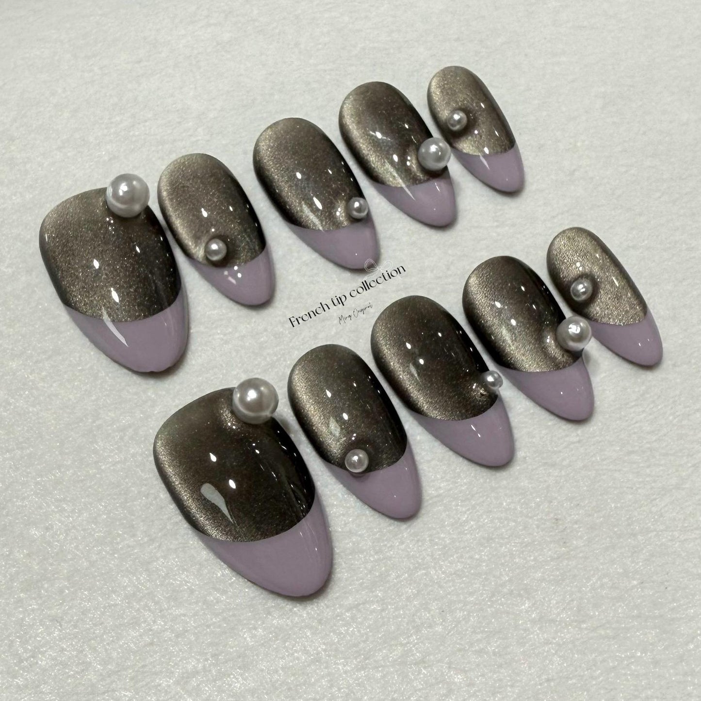 French Tip Collection| Purple and Pearl Press on Nails, black cat eye nail, autumn winter nail, gift for her,MO248