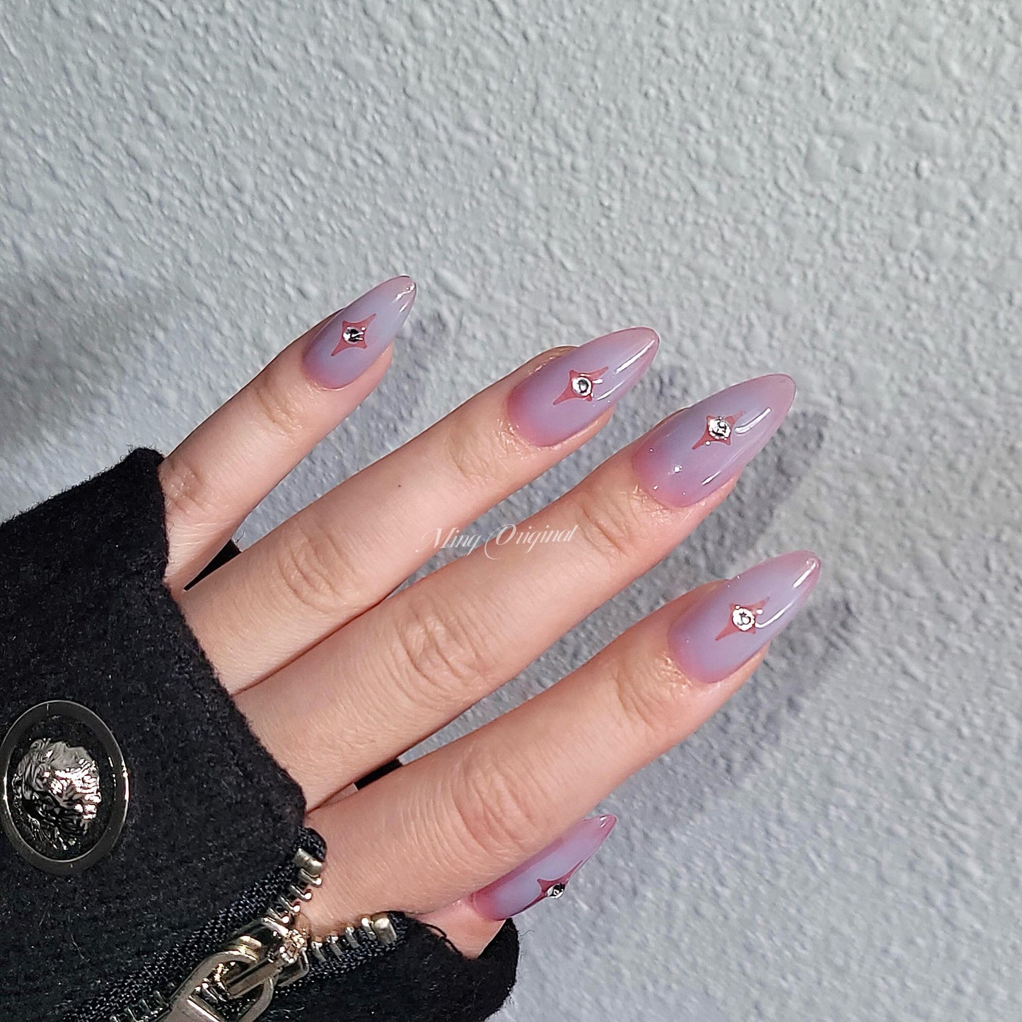 Star y2k Blue Blush Nail press on, Ombre blue, pink undertone, Fake nails, rhinestone, Luxury Handmade Nails