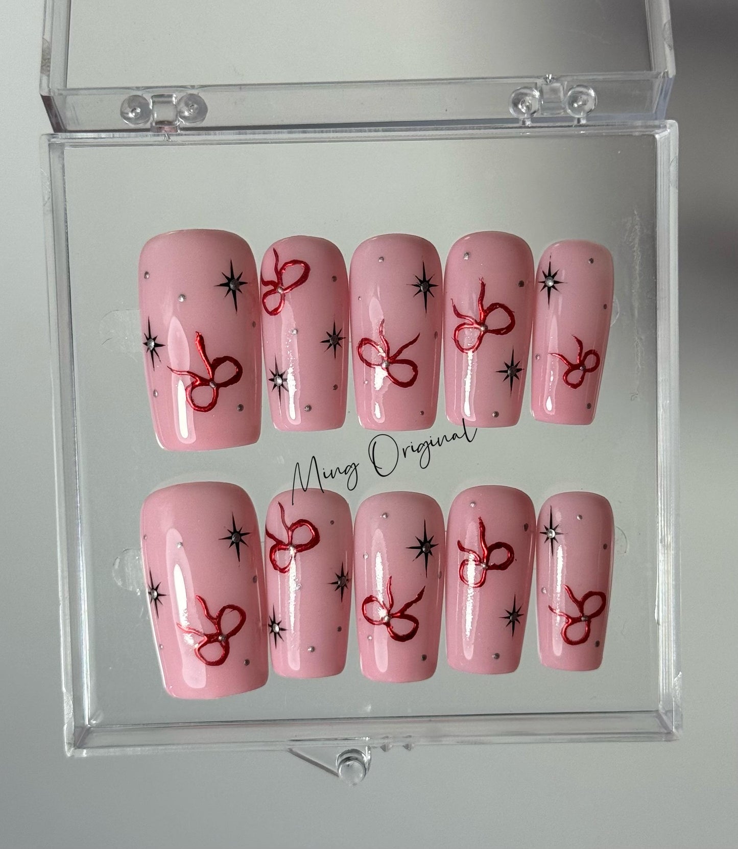 Simple Pink Classy red bow coquette Press on Nails, cute bow and silver star girly handmade Nails, glue on nail, birthday gift for her MO400