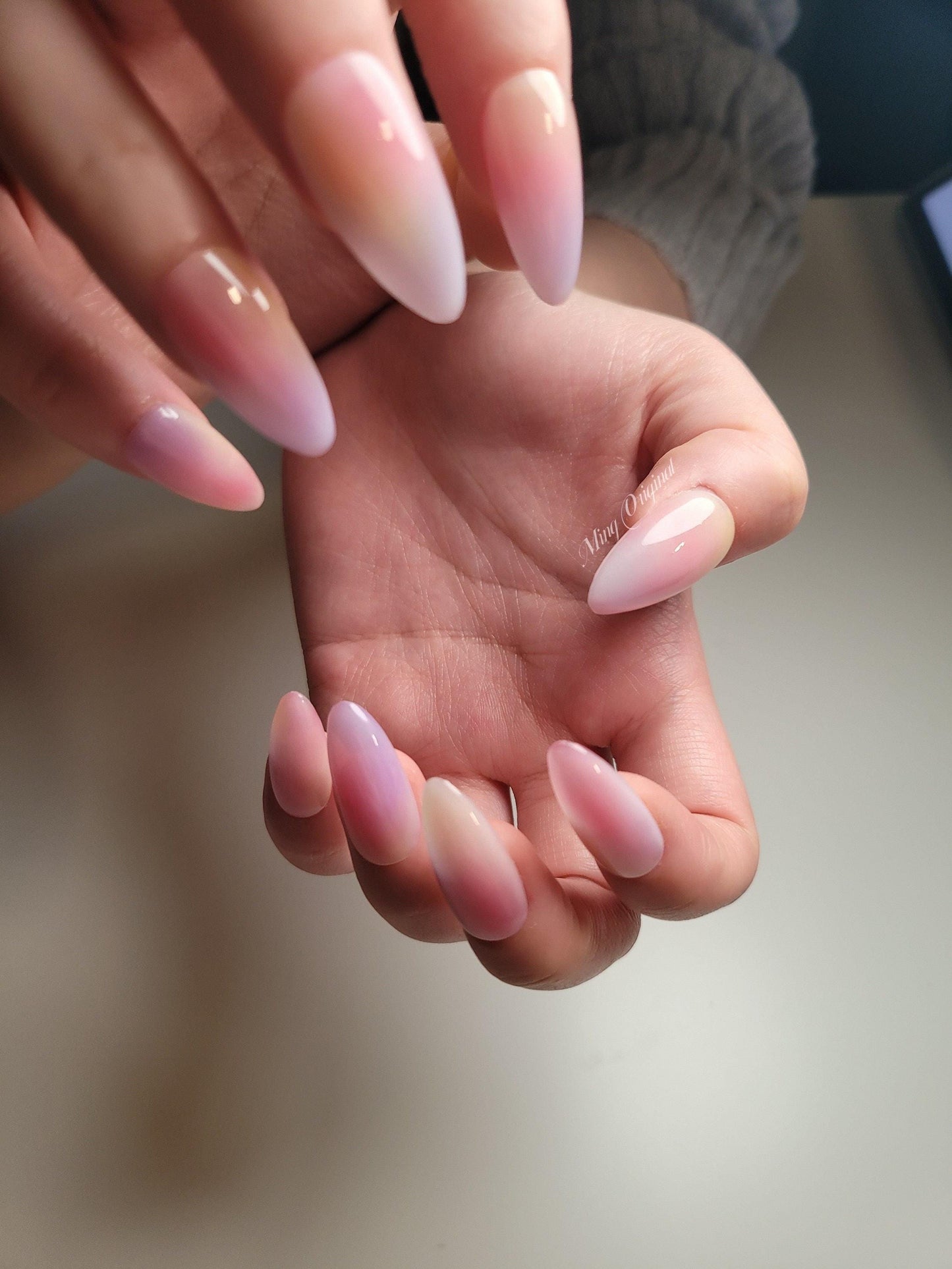 Simple airbrush press on nails, pink purple yellow ombre color reuse nails, jelly fake nails,hand painted candy color bloom nail
