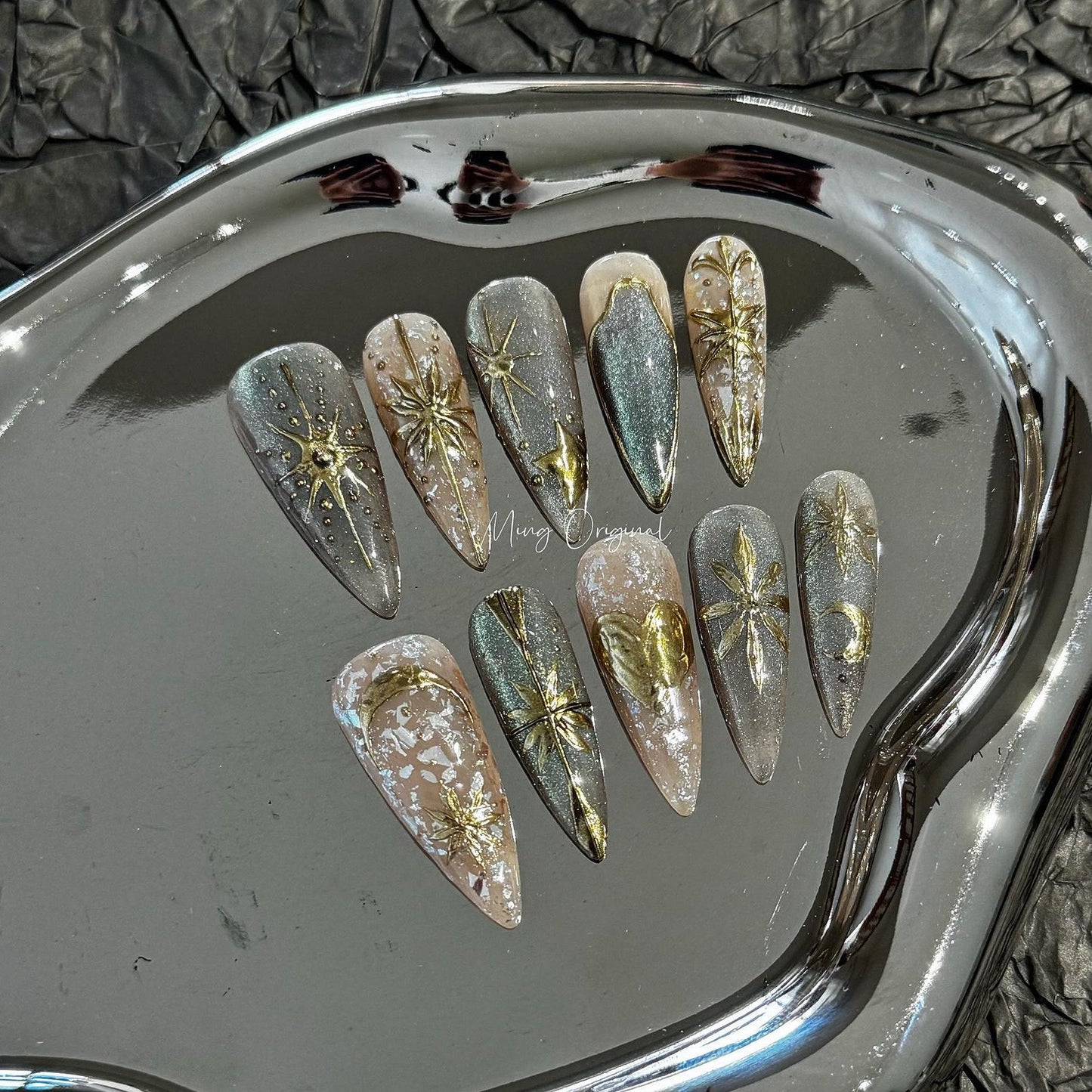 Greek Goddess mystery gold free style cat eye press on nails, heart and Star moon nail, nude jelly fake nail, birthday gift for her,MO345