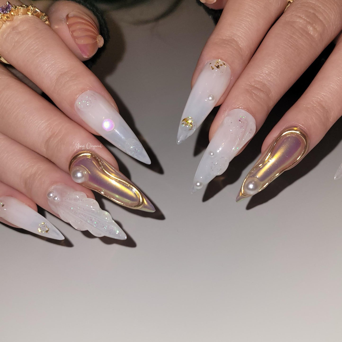 3D Y2K gold aurora Mermaid press on nails, Aura Seashell with pearl reusable nail, jelly fake nail, gift for her