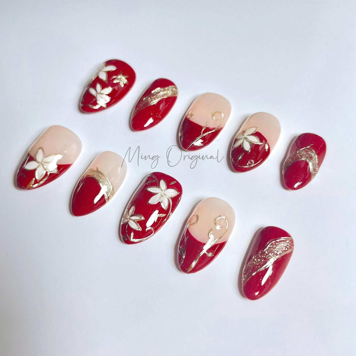 Nude red blossom sculptured flower Press on Nails, Gold Frame Orchard Floral Nails, Jelly Nails, gift for her, MO447