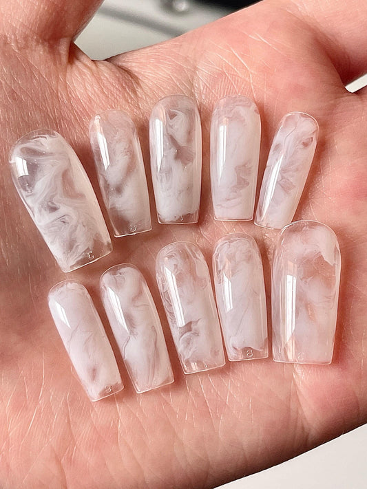 Milky white water blooming Press on Nails, Builder Gel handmade Nails, Jelly Nails