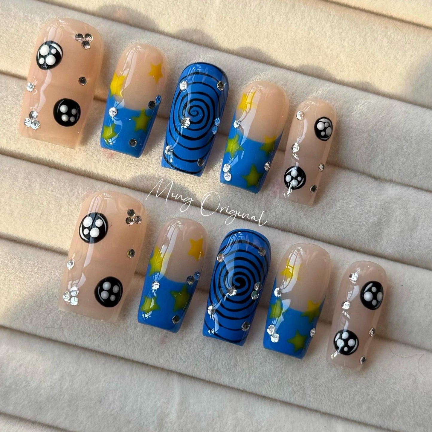 Free style blue Press on Nails, nude nail, yellow Star abstract color hand paint fun nail, Christmas holiday birthday gift for her,MO329