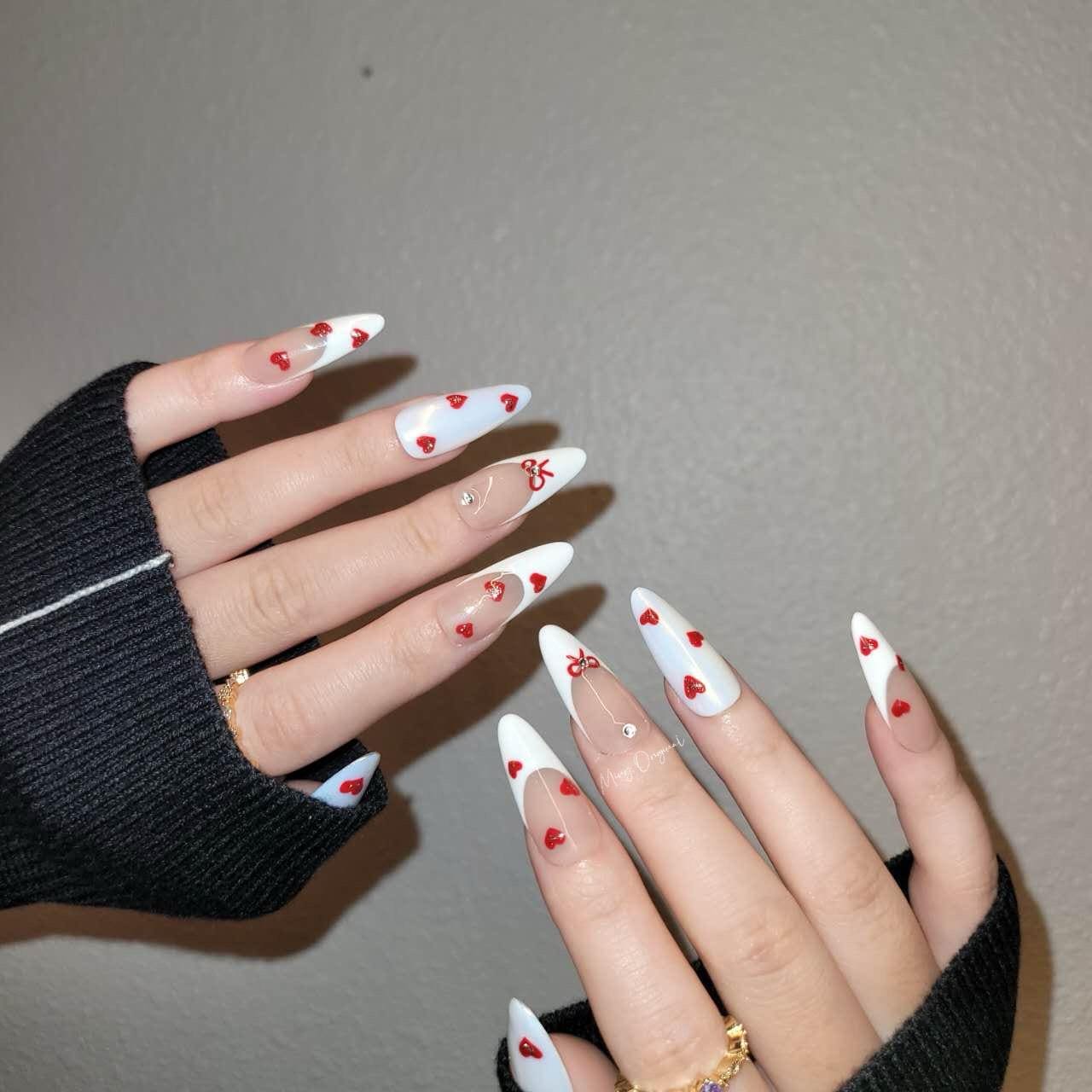 Valentine bow coquette French Tip Nail , handpainted glitter heart press on nails, Gifts for Her