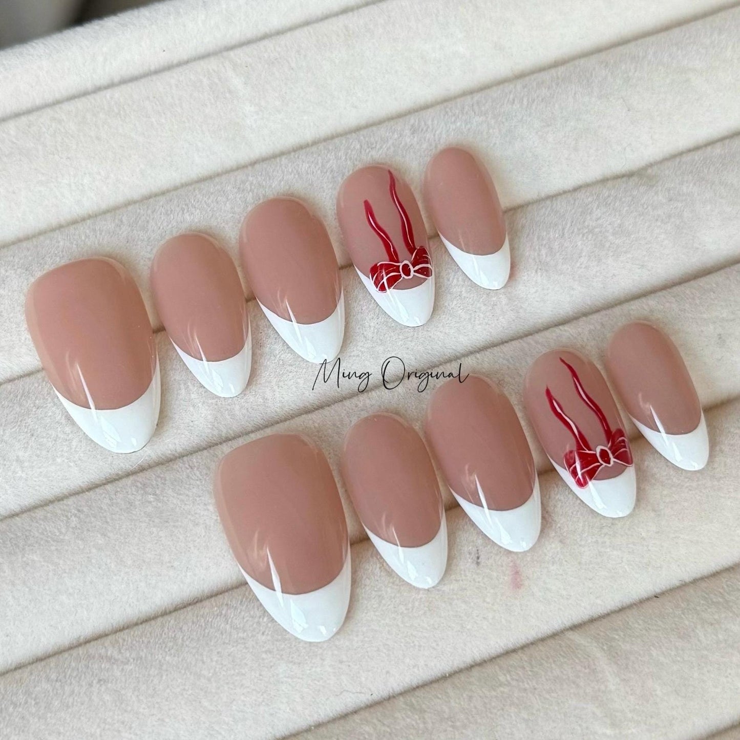 Minimalist cute bow ties style red bow ribbon Press on Nails, classy white french tip Nails, glue on nail, birthday gift for her MO416