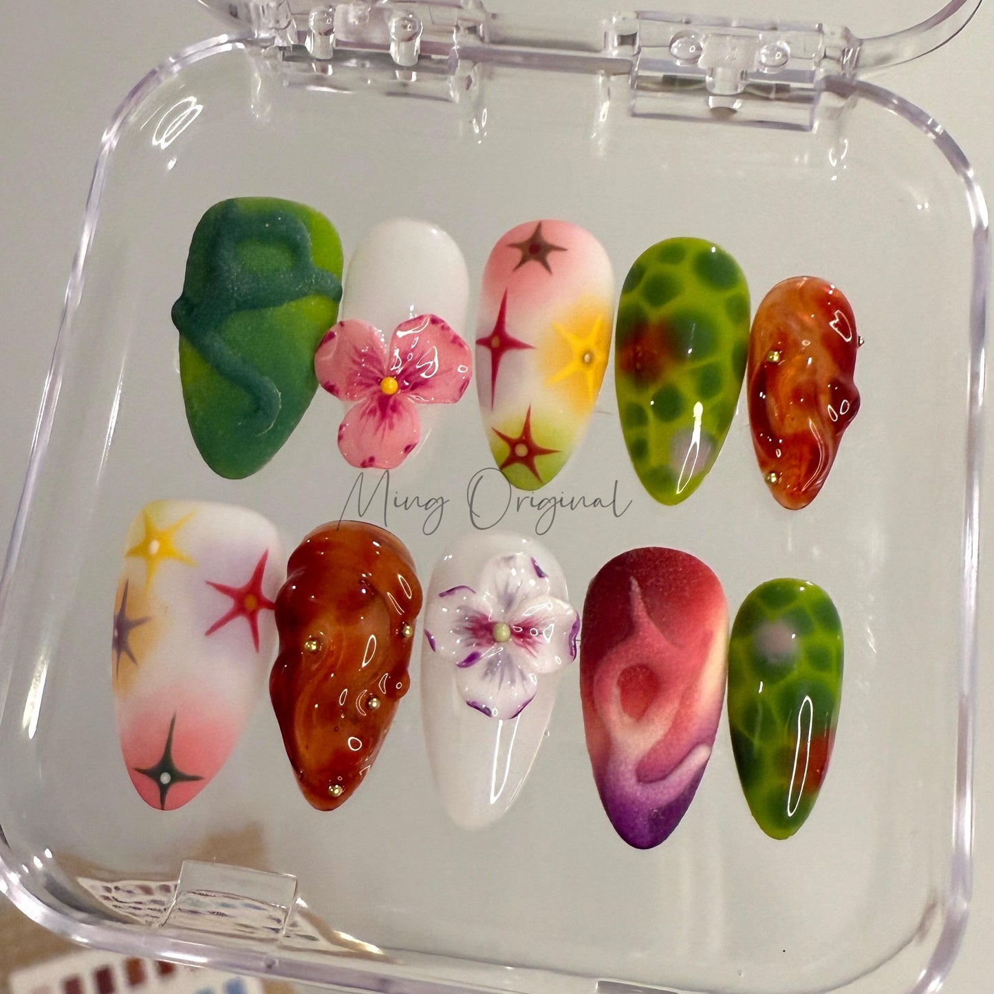 Spring Blossom free style bubbly color Press On Nails,  3D Floral, Jelly Textures, Airbrush Art, Handmade Nail Set, gift for her, MP429