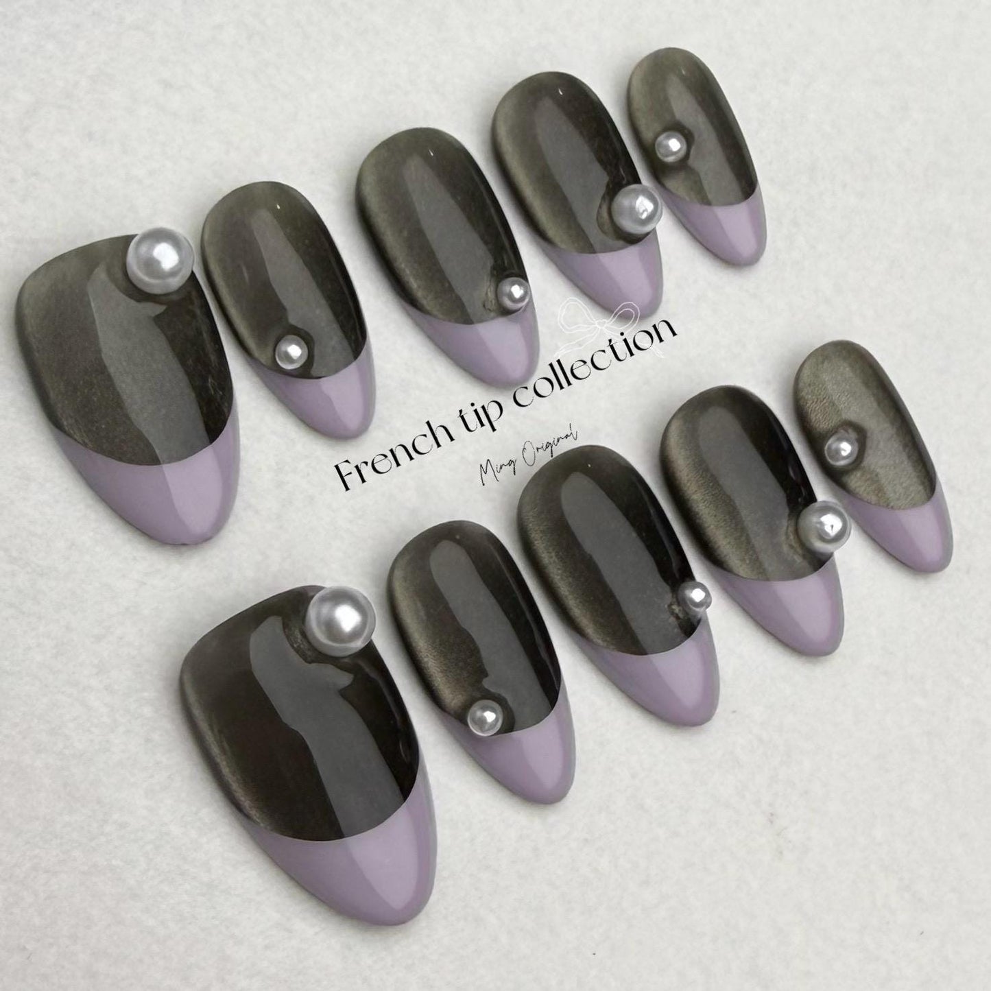 French Tip Collection| Purple and Pearl Press on Nails, black cat eye nail, autumn winter nail, gift for her,MO248
