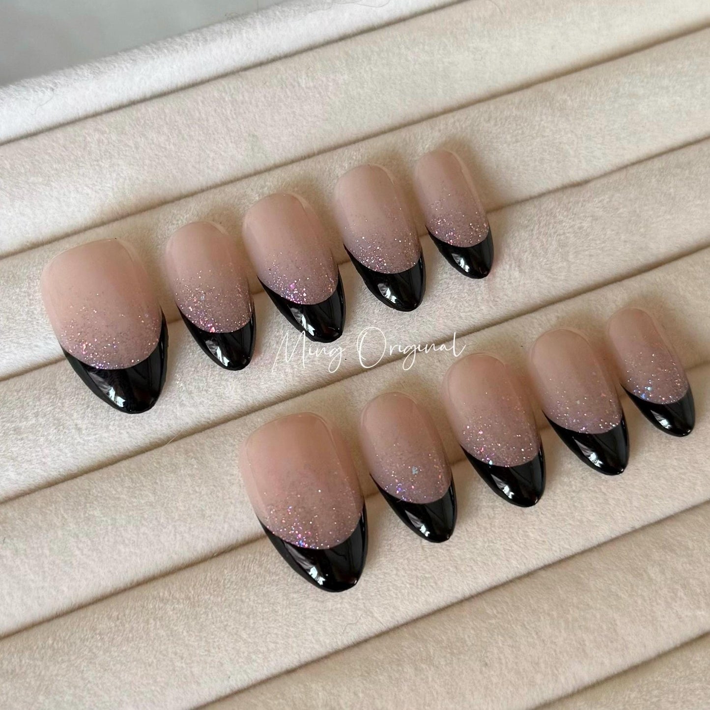 French Tip Collection, black tip and glitter Press on Nails, nude glittery everyday nail ,glue on nail, birthday holiday gift for her,MO327