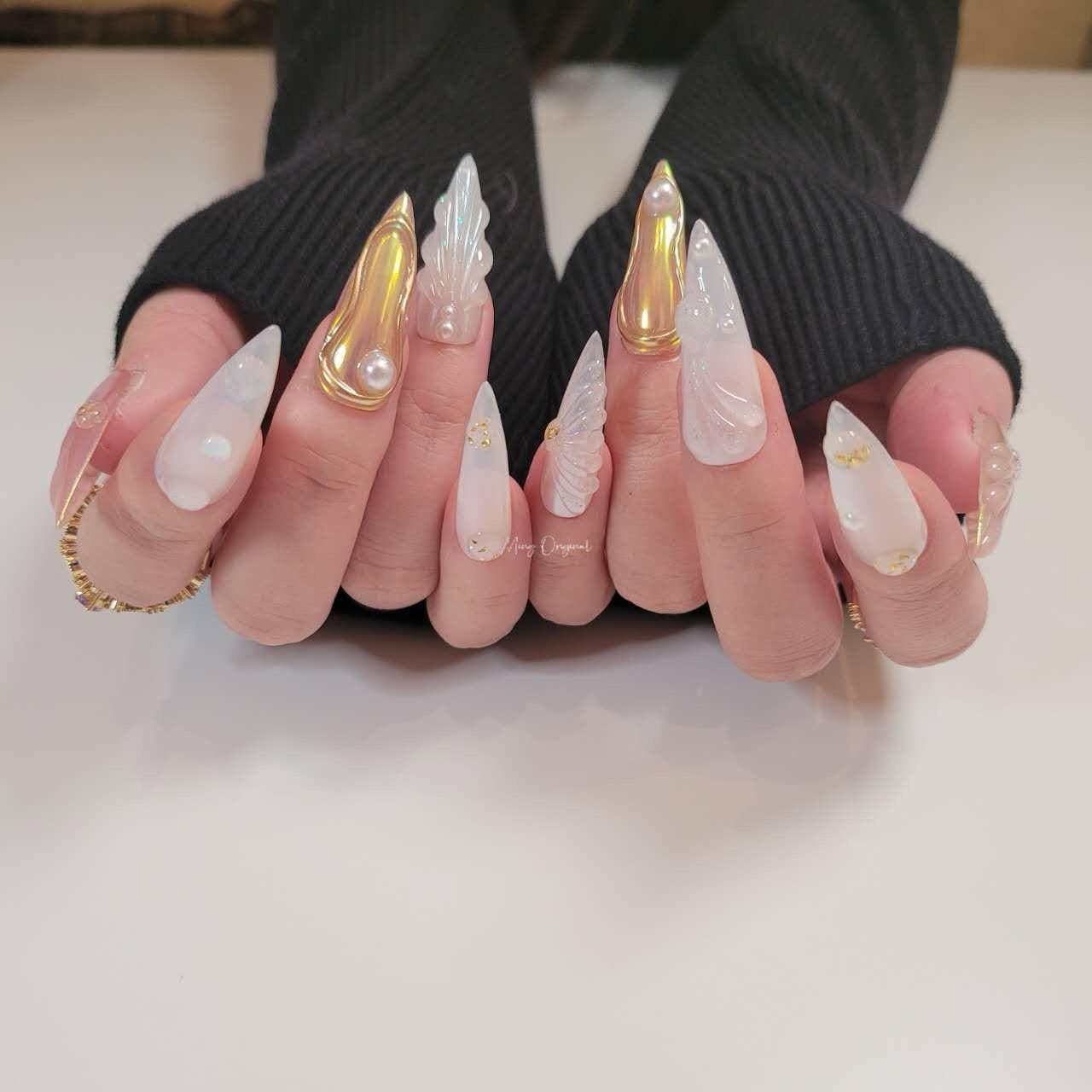 3D Y2K gold aurora Mermaid press on nails, Aura Seashell with pearl reusable nail, jelly fake nail, gift for her