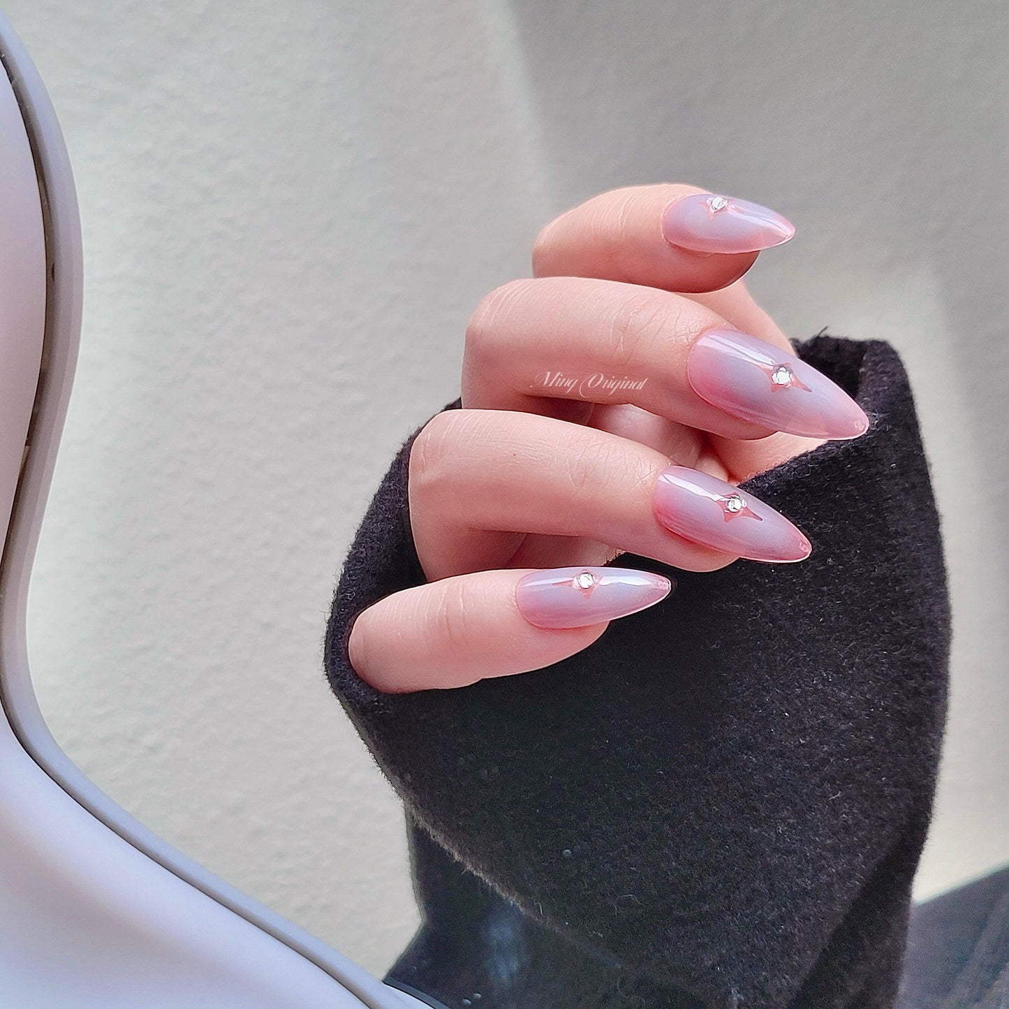Star y2k Blue Blush Nail press on, Ombre blue, pink undertone, Fake nails, rhinestone, Luxury Handmade Nails