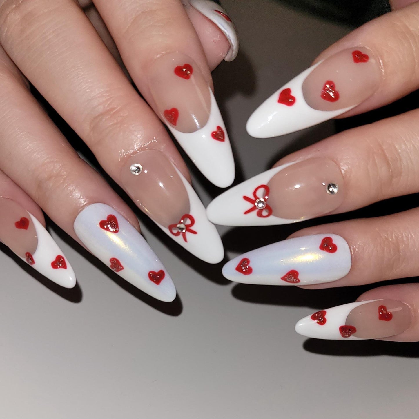Valentine bow coquette French Tip Nail , handpainted glitter heart press on nails, Gifts for Her