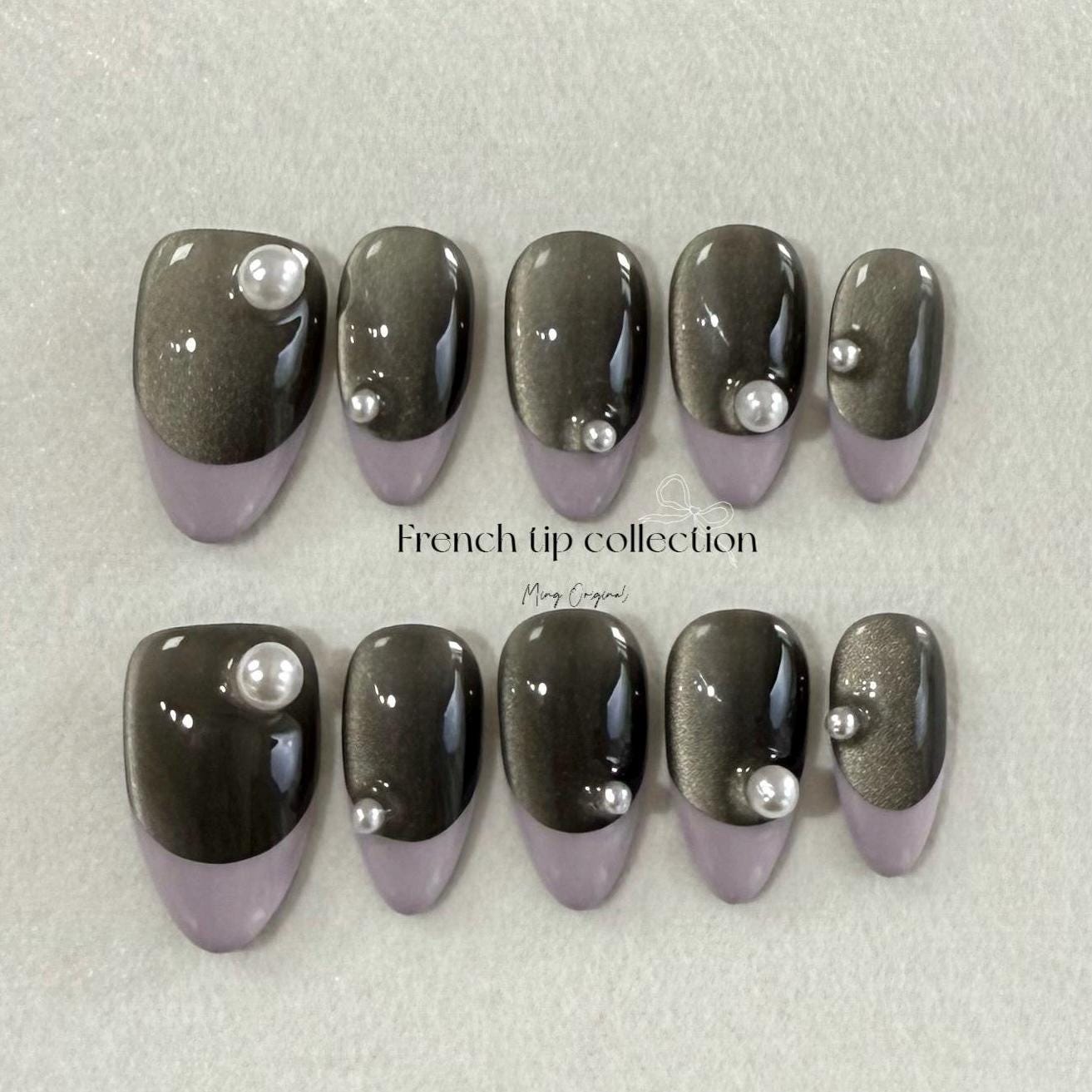 French Tip Collection| Purple and Pearl Press on Nails, black cat eye nail, autumn winter nail, gift for her,MO248