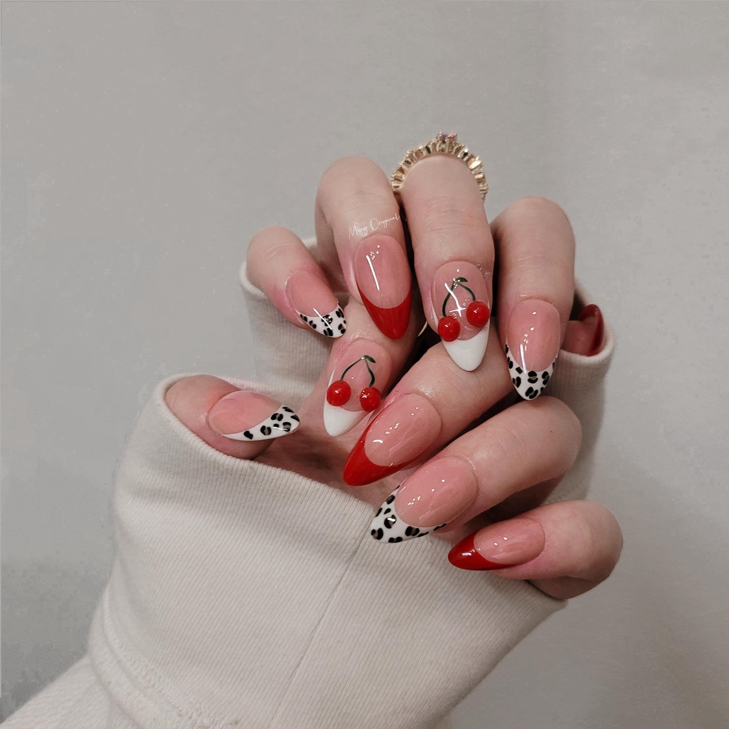 3d red cherry press on nails, leopard prints red french tip nail, Fruit Lover, glue on nail, Christmas Fake Nails, Gifts for Her,MO299