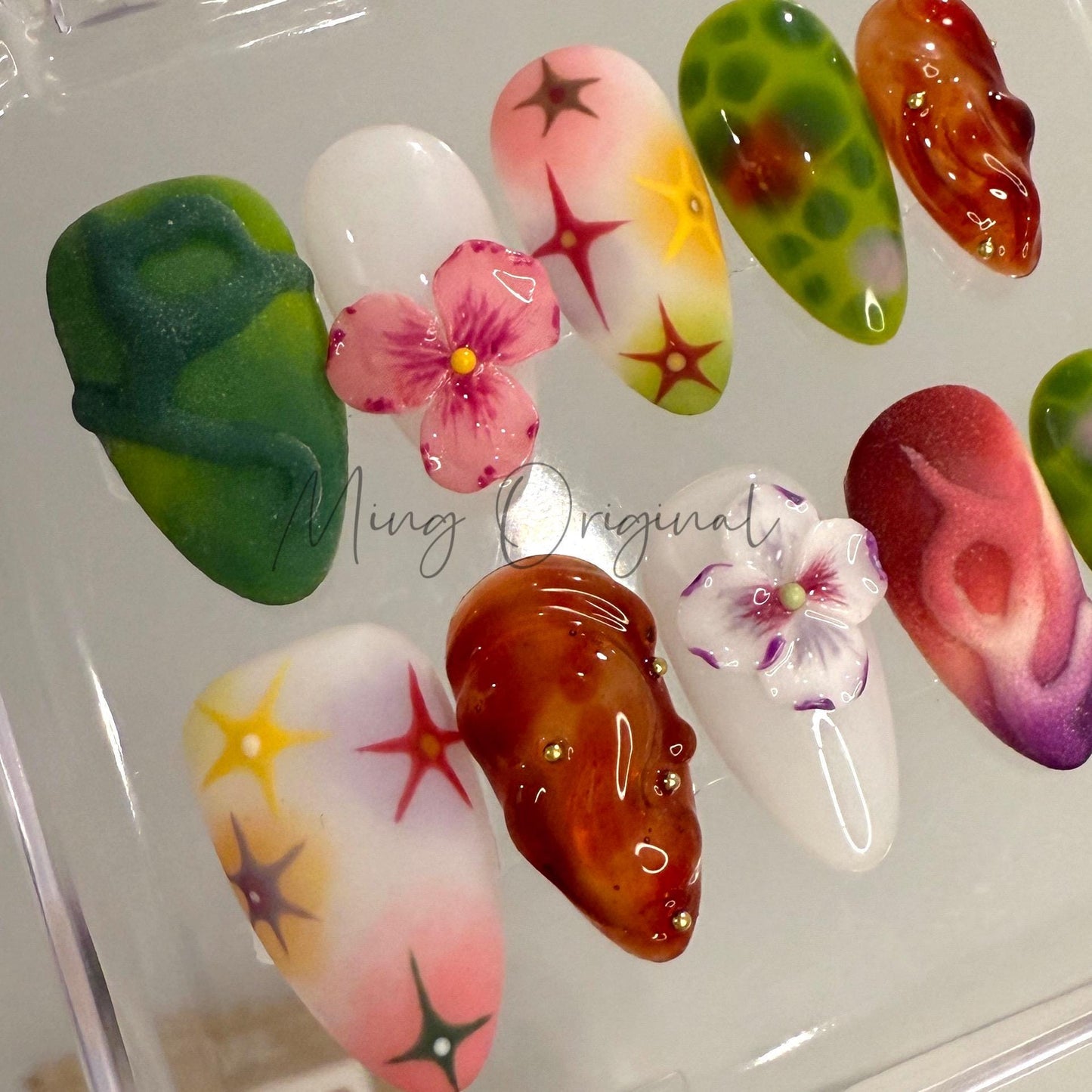 Spring Blossom free style bubbly color Press On Nails,  3D Floral, Jelly Textures, Airbrush Art, Handmade Nail Set, gift for her, MP429