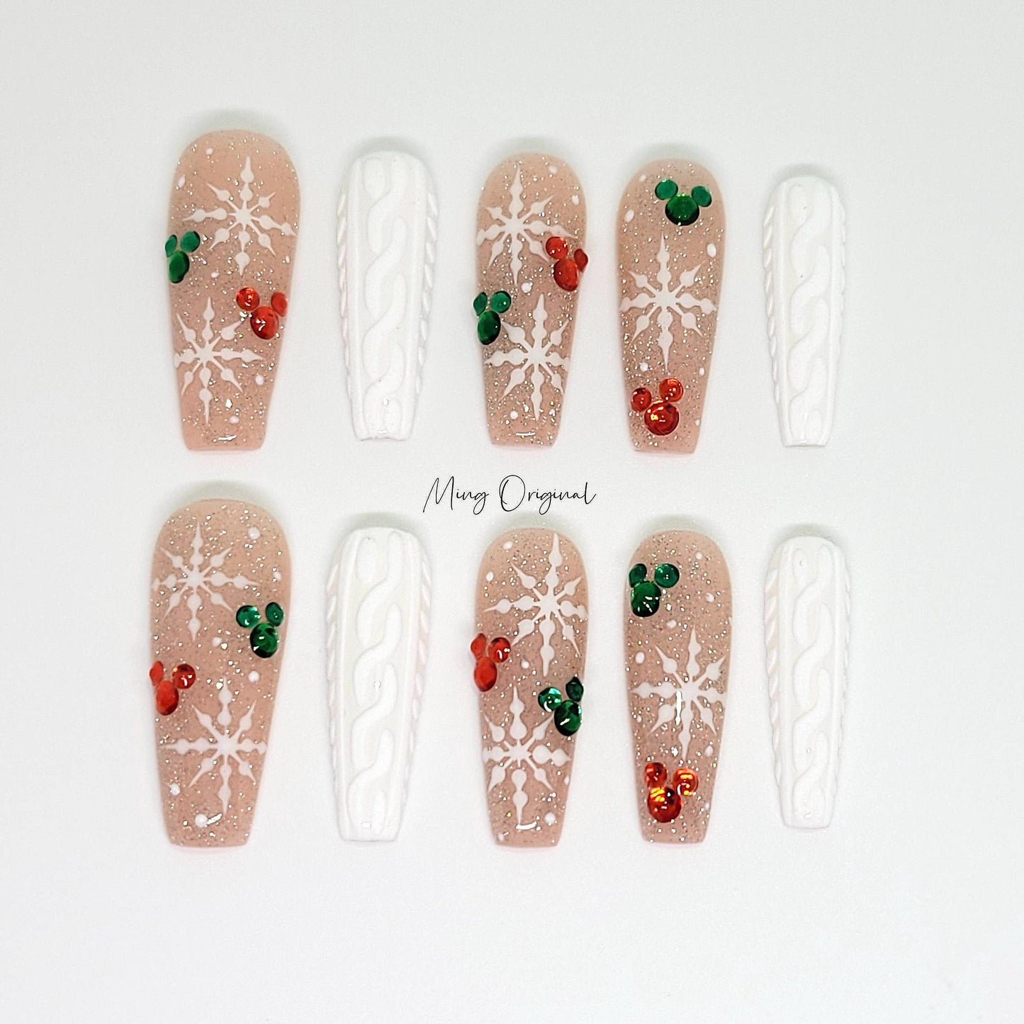 Nude Christmas sweater Press on Nails, snowflake winter handmade Nails, micky head, diamond reflective glitter Jelly Nails, MO387