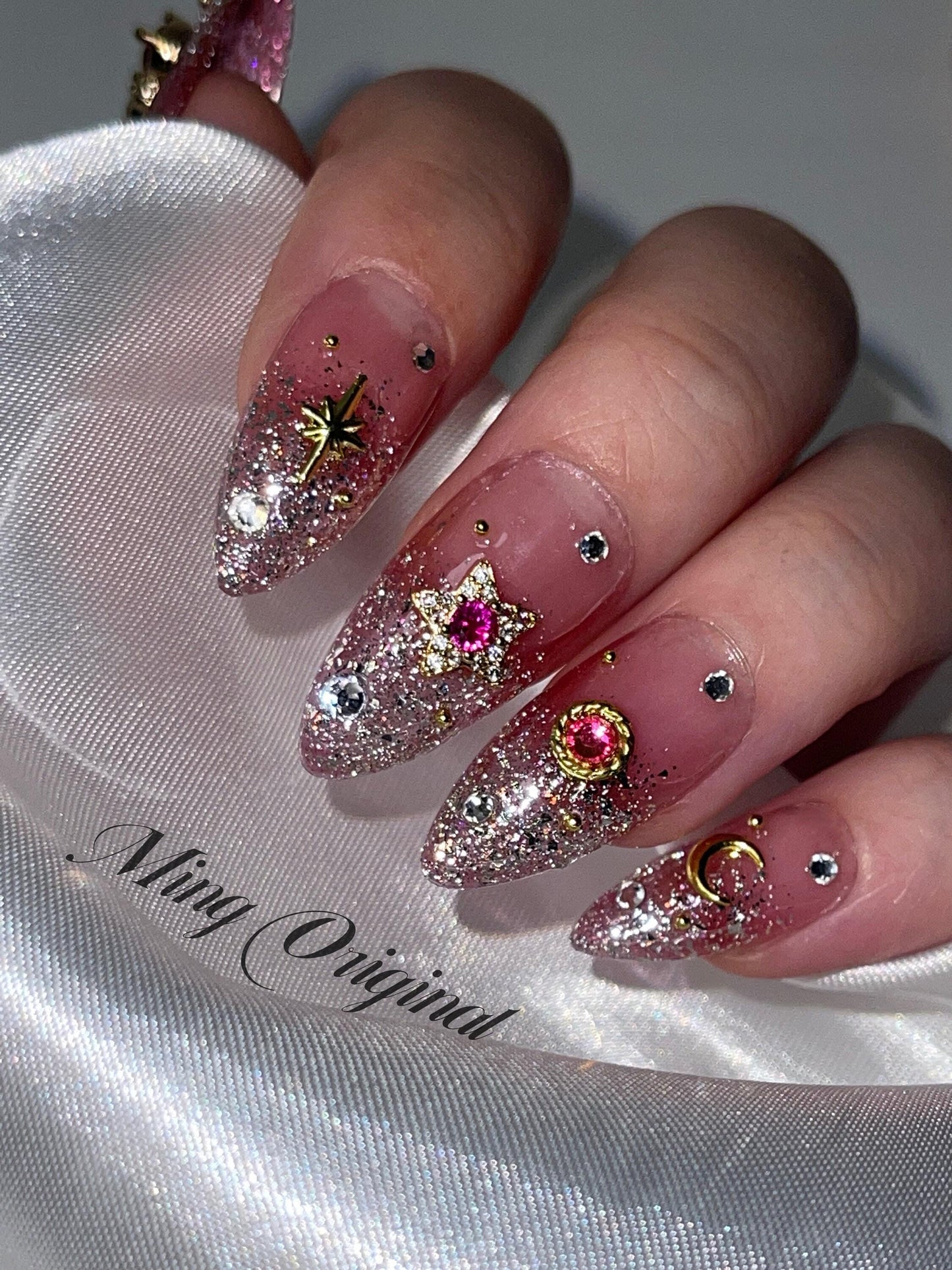 Sailor moon pink ombre glitter press on nail, pink gemstone with gold charm Fake nails, star and moon shape nail, Rhinestone andmade Gel Nai