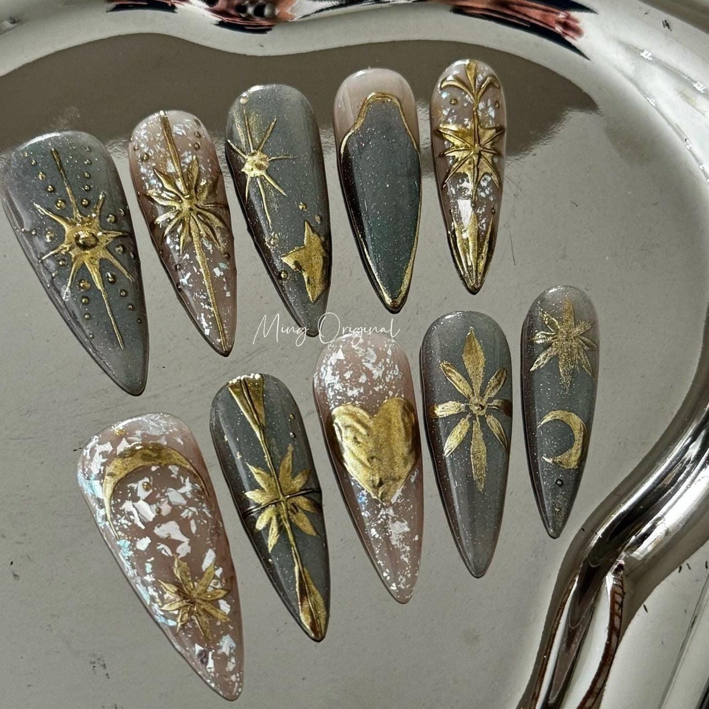 Greek Goddess mystery gold free style cat eye press on nails, heart and Star moon nail, nude jelly fake nail, birthday gift for her,MO345