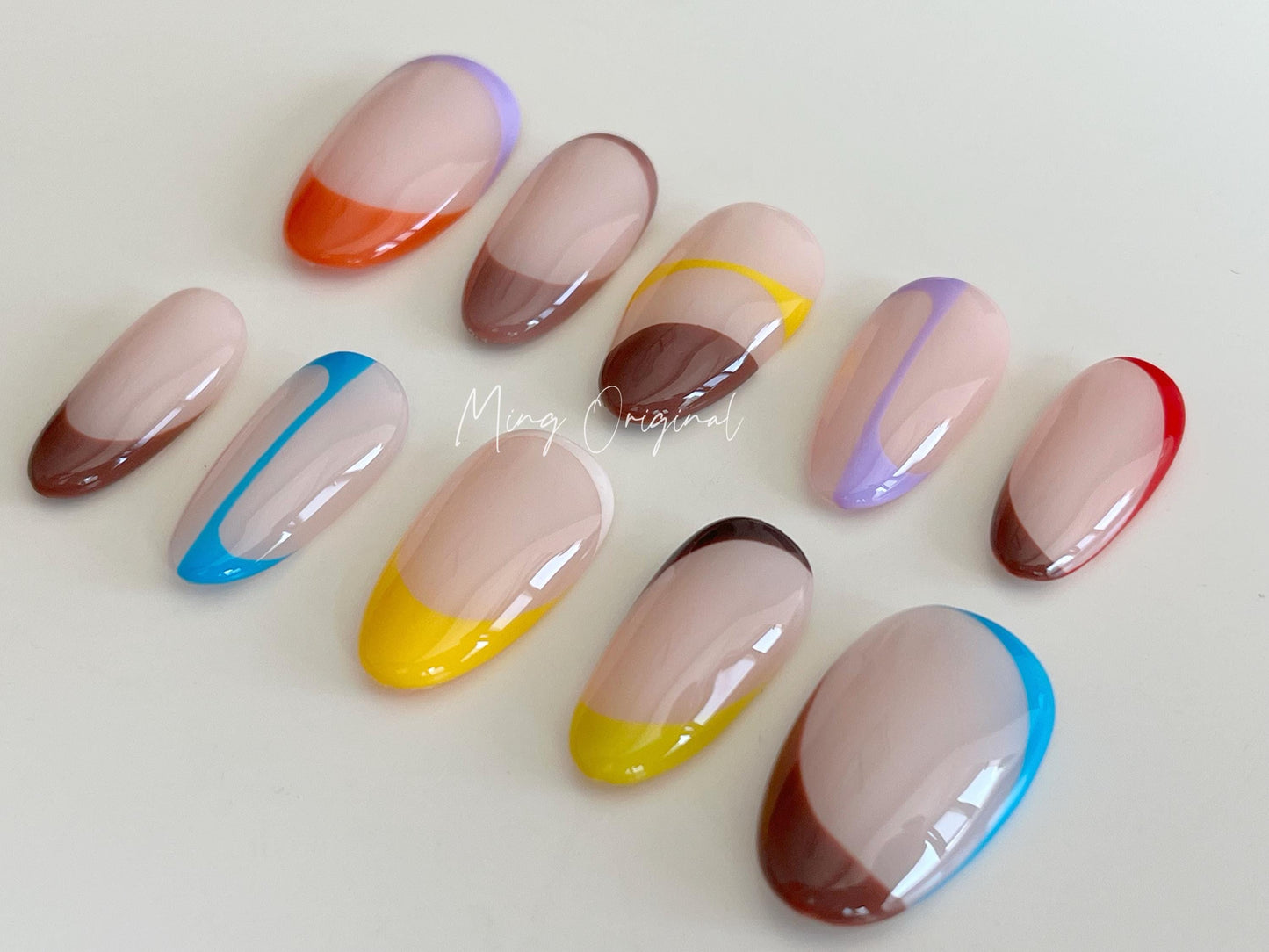 Free style abstract line bubbly color press on nails, reuse nails, ,hand painted candy color nail, gift for her