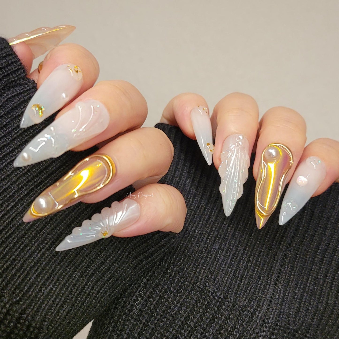 3D Y2K gold aurora Mermaid press on nails, Aura Seashell with pearl reusable nail, jelly fake nail, gift for her