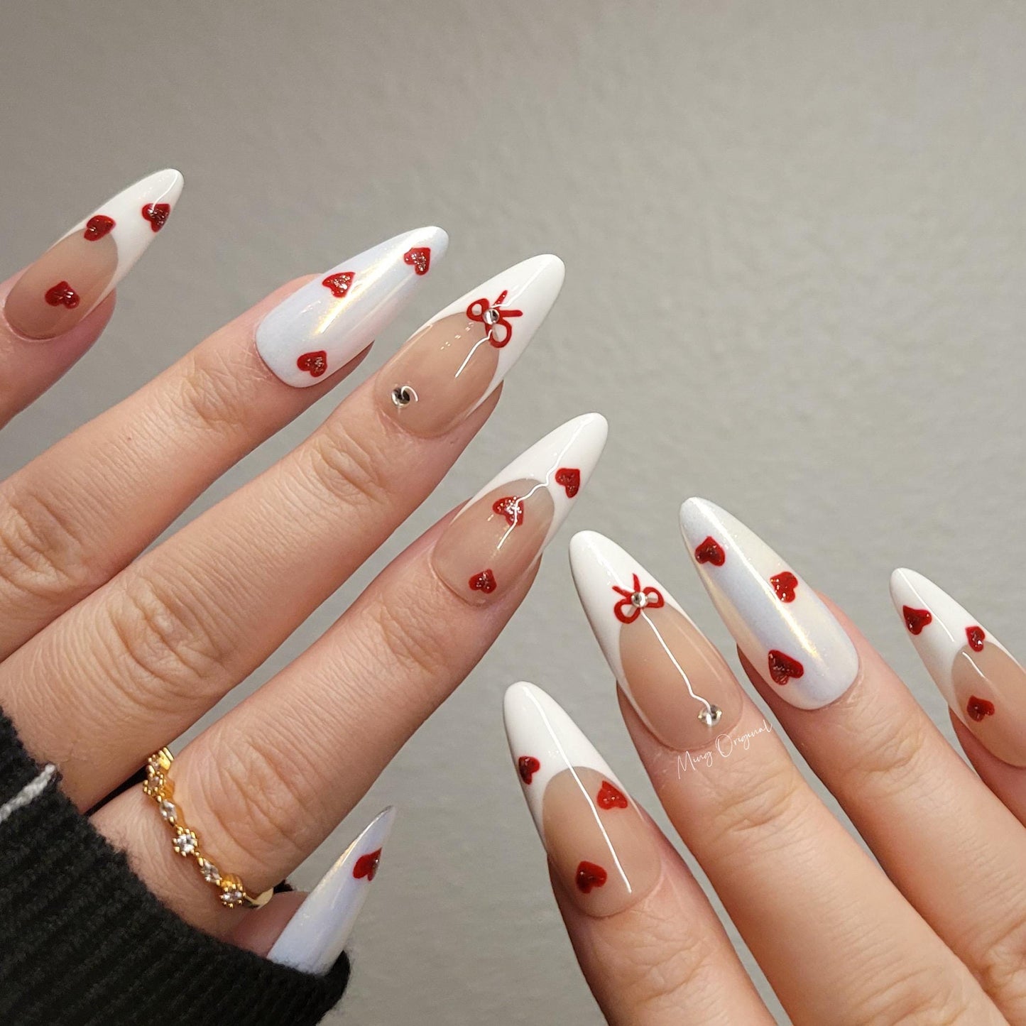 Valentine bow coquette French Tip Nail , handpainted glitter heart press on nails, Gifts for Her
