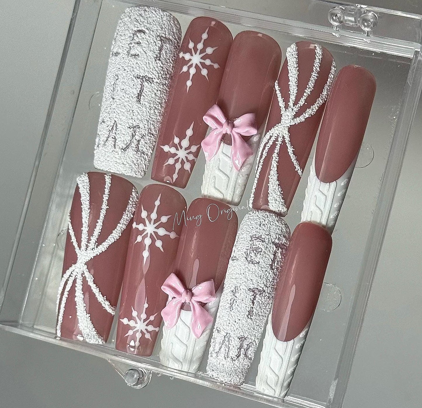LET IT SNOW Theme Festival candy cane press on Nail, chocolate color, snow flake,swirl nail, bow coquette glue on nail, Gifts for Her, MO414
