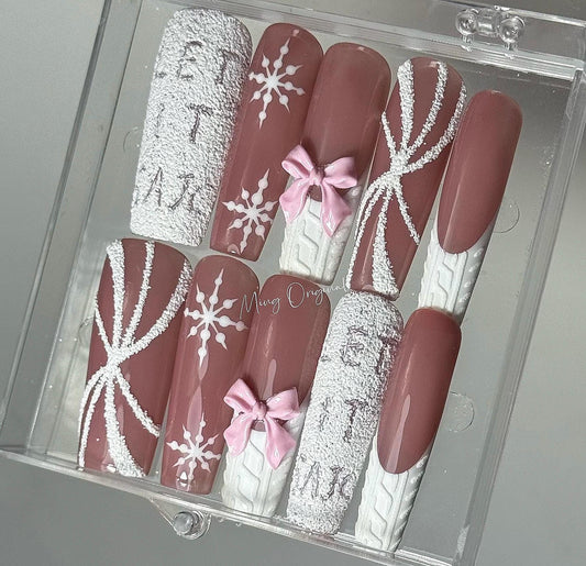 LET IT SNOW Theme Festival candy cane press on Nail, chocolate color, snow flake,swirl nail, bow coquette glue on nail, Gifts for Her, MO414