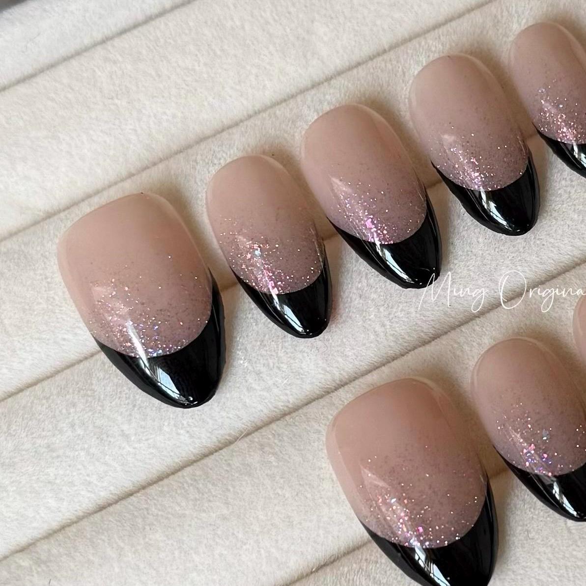 French Tip Collection, black tip and glitter Press on Nails, nude glittery everyday nail ,glue on nail, birthday holiday gift for her,MO327