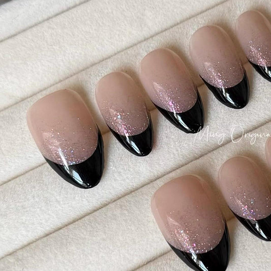 French Tip Collection, black tip and glitter Press on Nails, nude glittery everyday nail ,glue on nail, birthday holiday gift for her,MO327