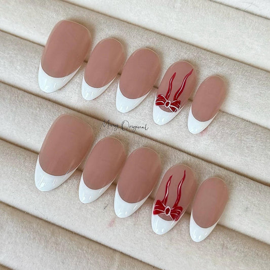Minimalist cute bow ties style red bow ribbon Press on Nails, classy white french tip Nails, glue on nail, birthday gift for her MO416