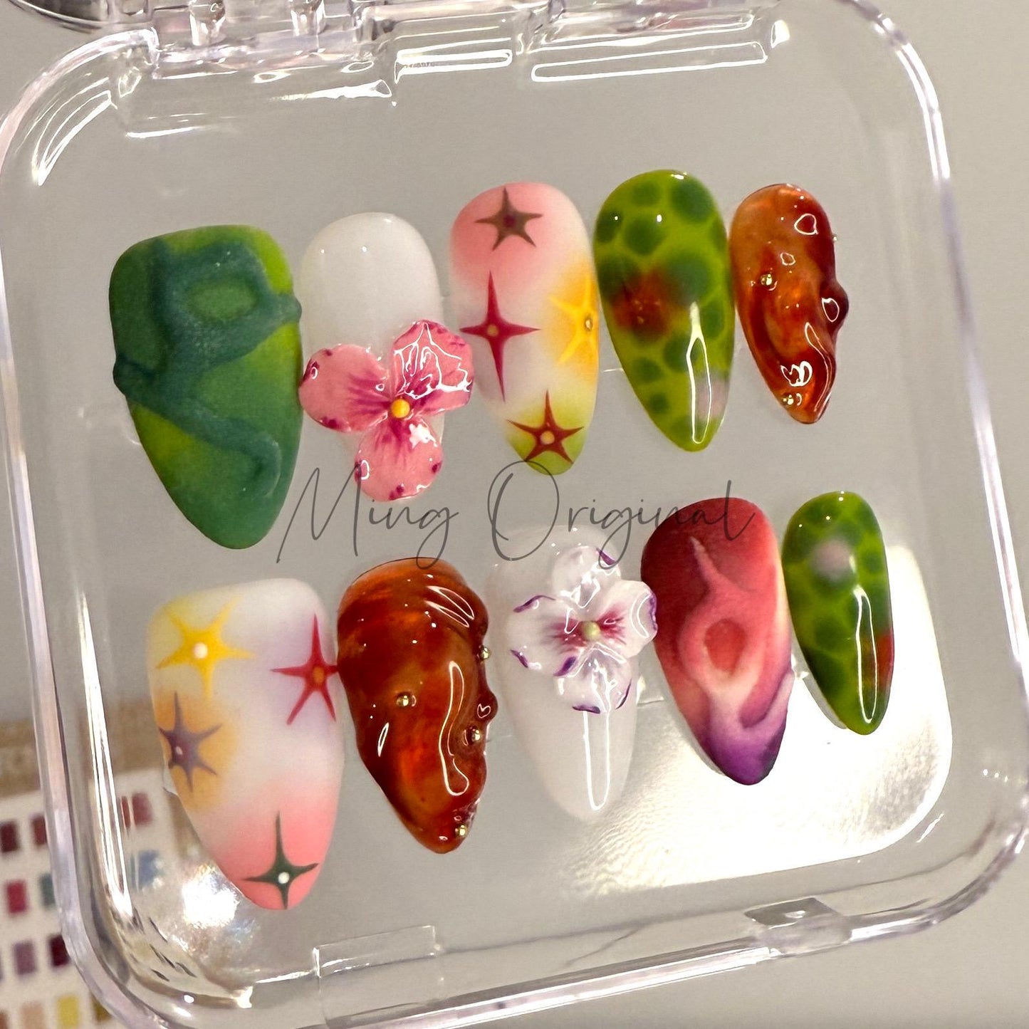 Spring Blossom free style bubbly color Press On Nails,  3D Floral, Jelly Textures, Airbrush Art, Handmade Nail Set, gift for her, MP429