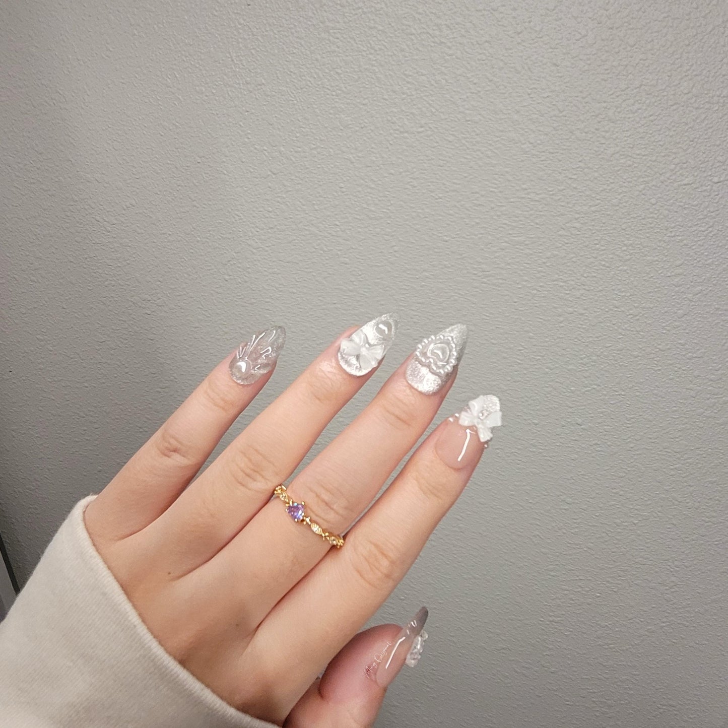 Silver cat eye with bow coquette Press on Nails, French Tip, pearls nail, Jelly Nails, birthday holiday gift for her, MO300