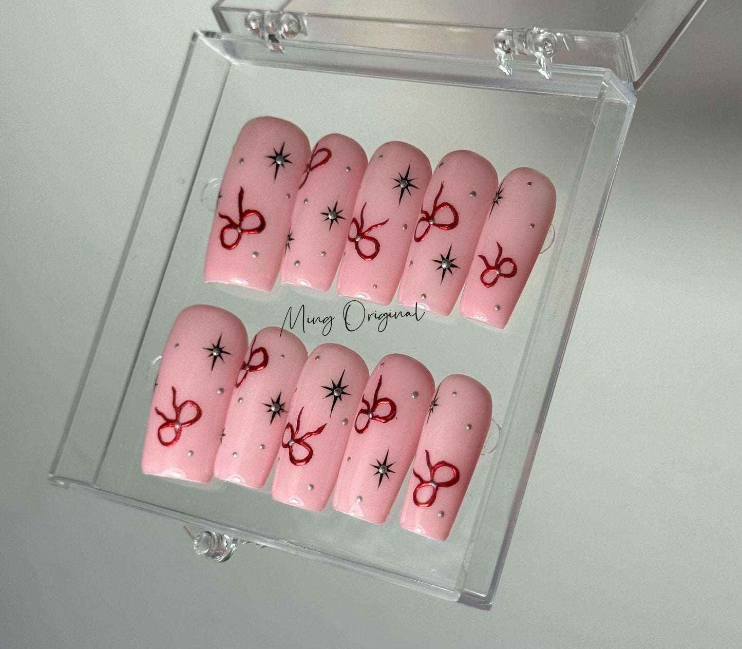 Simple Pink Classy red bow coquette Press on Nails, cute bow and silver star girly handmade Nails, glue on nail, birthday gift for her MO400
