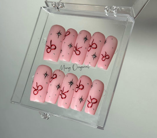 Simple Pink Classy red bow coquette Press on Nails, cute bow and silver star girly handmade Nails, glue on nail, birthday gift for her MO400