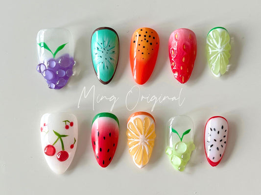Summer Colorful Fruit Lover press on nails,Fresh Look Candy Color Gifts for Her,Grape Orange Kiwi Watermelon