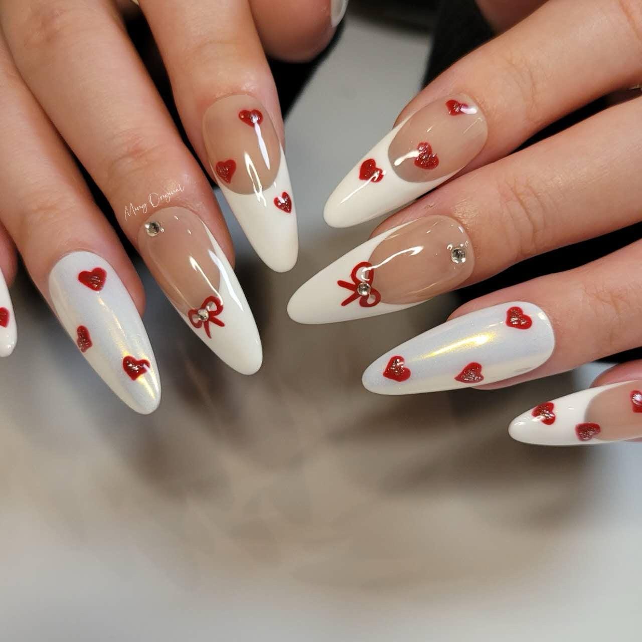 Valentine bow coquette French Tip Nail , handpainted glitter heart press on nails, Gifts for Her