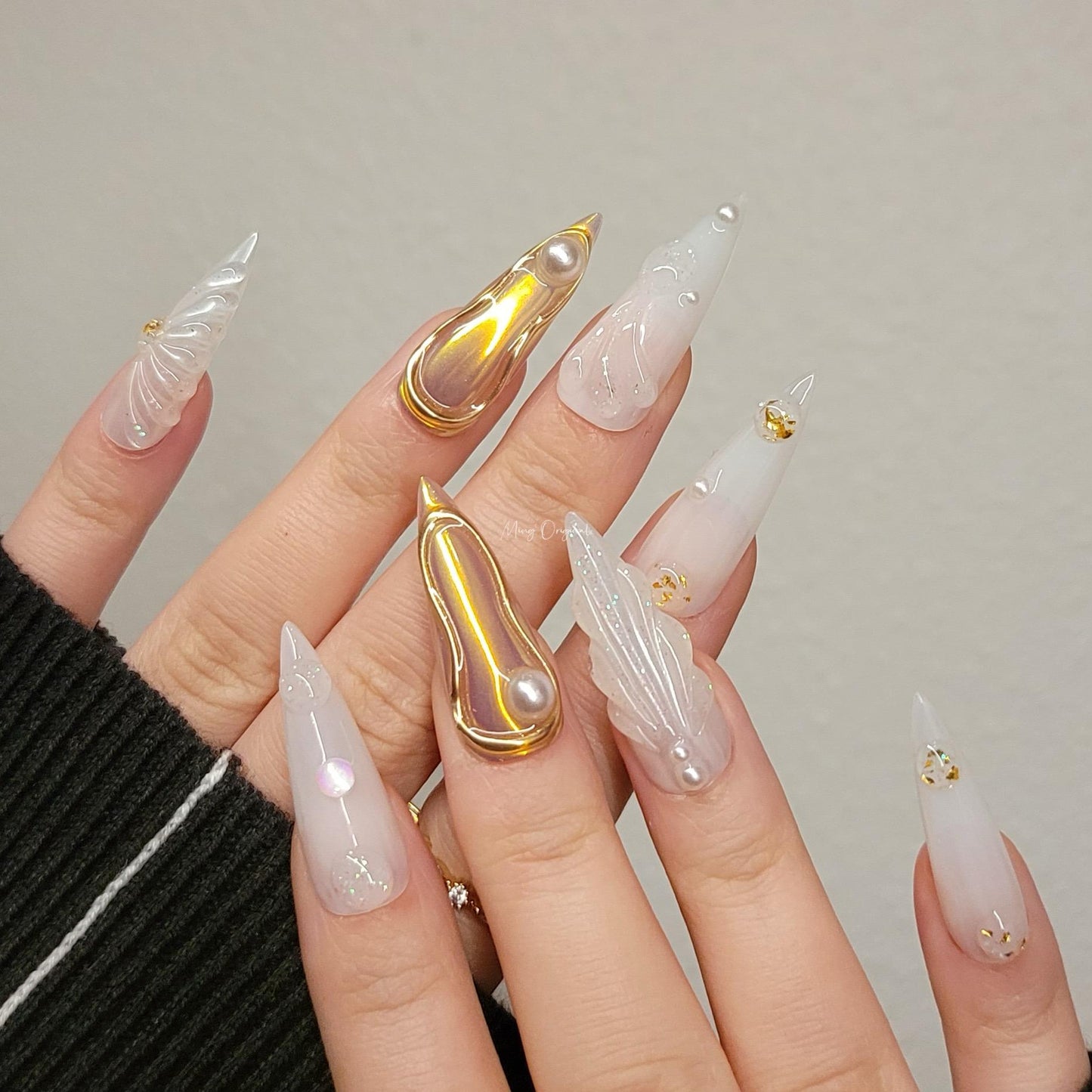 3D Y2K gold aurora Mermaid press on nails, Aura Seashell with pearl reusable nail, jelly fake nail, gift for her