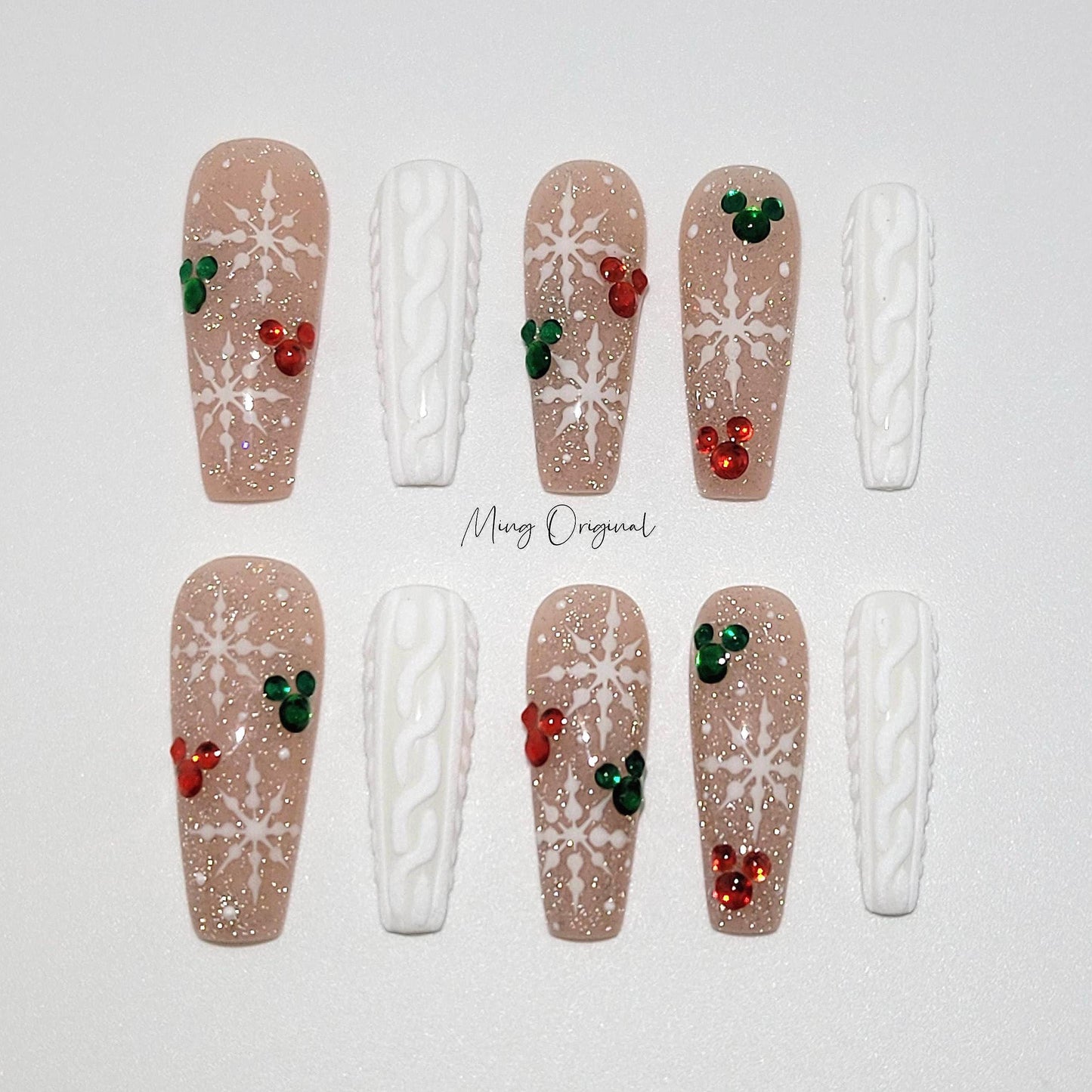 Nude Christmas sweater Press on Nails, snowflake winter handmade Nails, micky head, diamond reflective glitter Jelly Nails, MO387