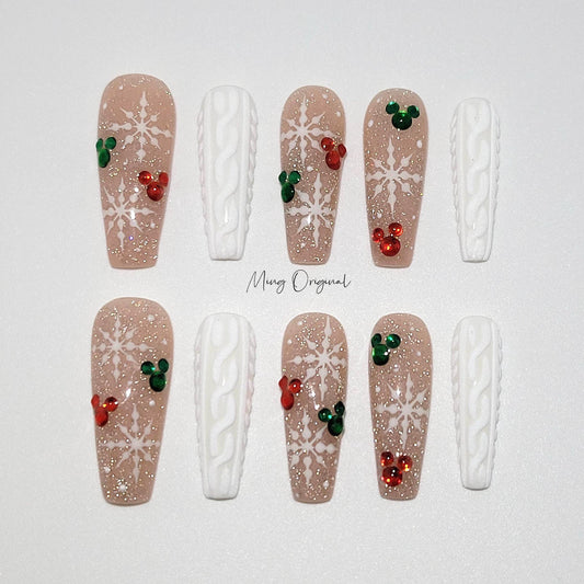 Nude Christmas sweater Press on Nails, snowflake winter handmade Nails, micky head, diamond reflective glitter Jelly Nails, MO387