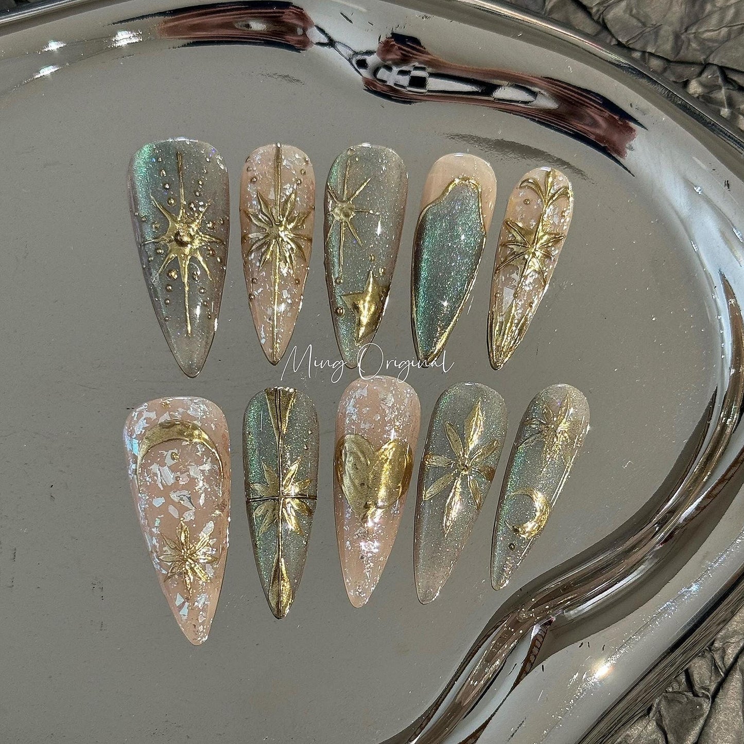 Greek Goddess mystery gold free style cat eye press on nails, heart and Star moon nail, nude jelly fake nail, birthday gift for her,MO345