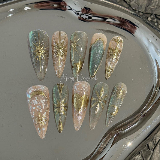 Greek Goddess mystery gold free style cat eye press on nails, heart and Star moon nail, nude jelly fake nail, birthday gift for her,MO345