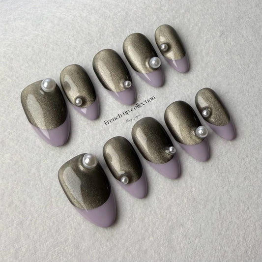 French Tip Collection| Purple and Pearl Press on Nails, black cat eye nail, autumn winter nail, gift for her,MO248