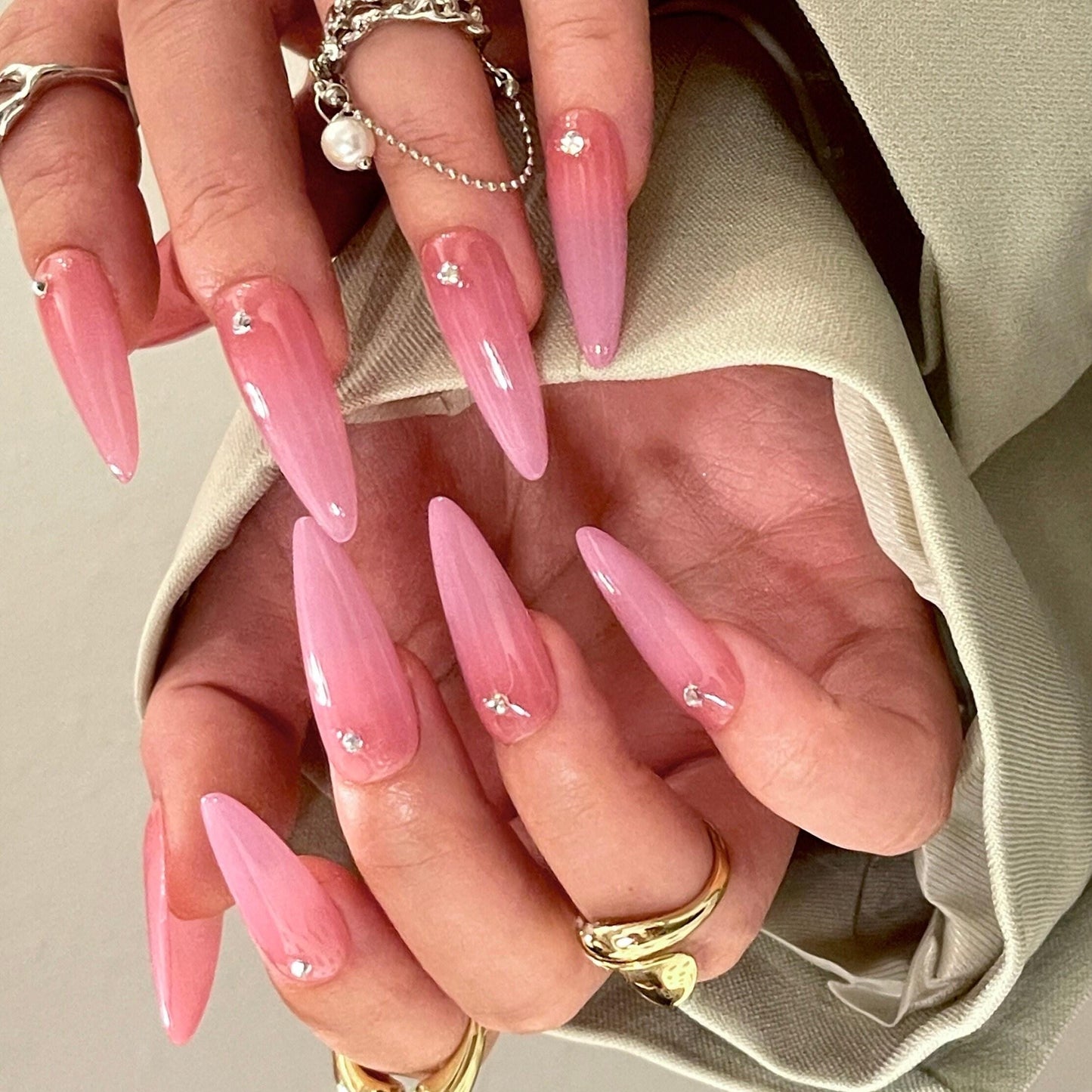 Simple airbrush press on nails, pink purple ombre color with rhinestone, jelly fake nails,hand painted candy color nail