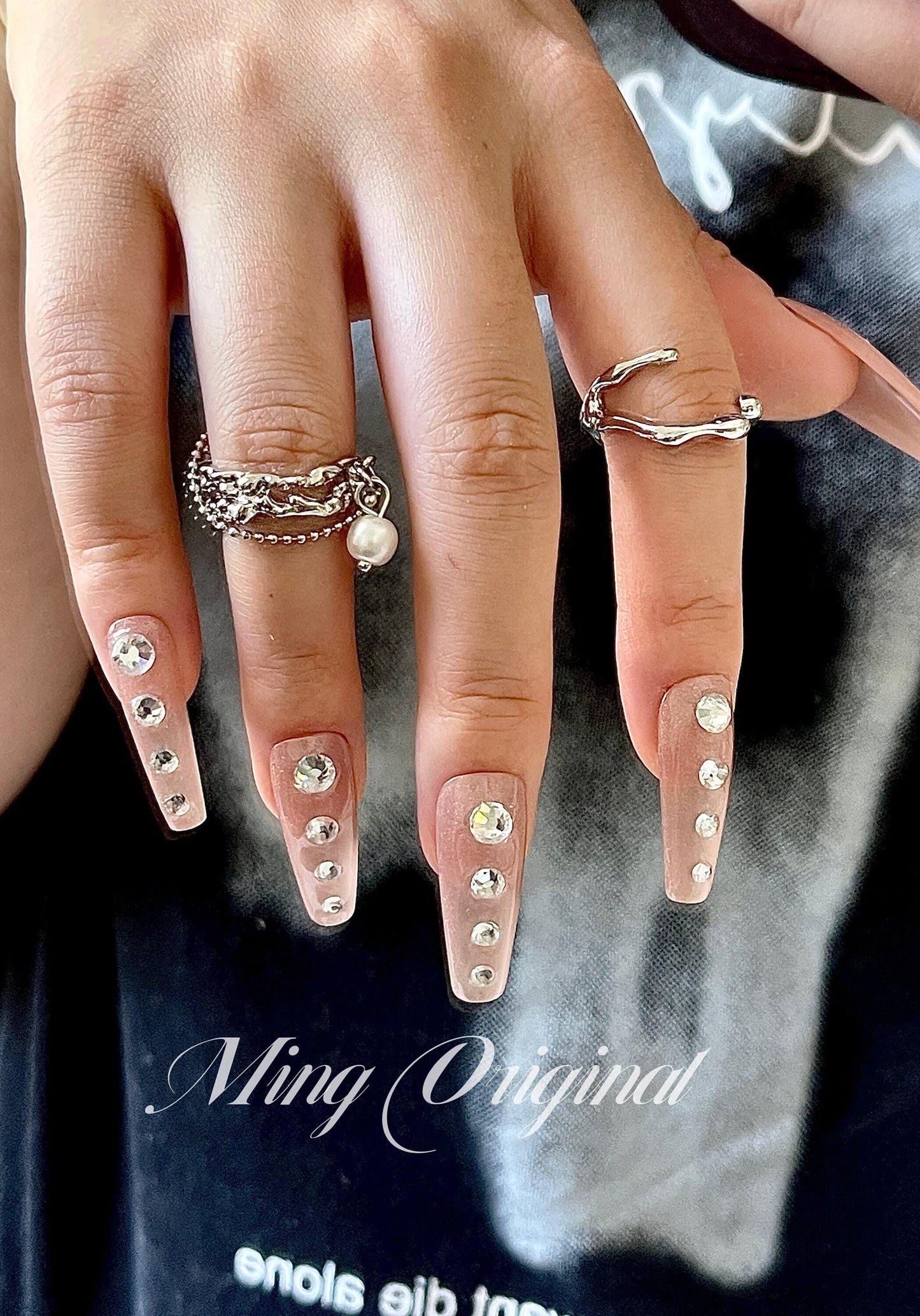 Euphoria Cassie inspired nude crystal diamond rhinestone press on nail, shiny rainbow holographic shimmer Nails