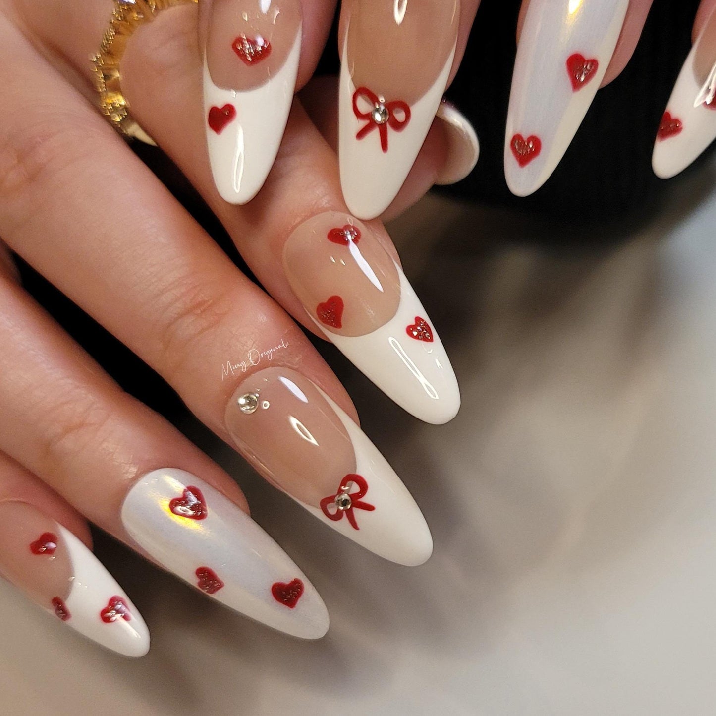 Valentine bow coquette French Tip Nail , handpainted glitter heart press on nails, Gifts for Her