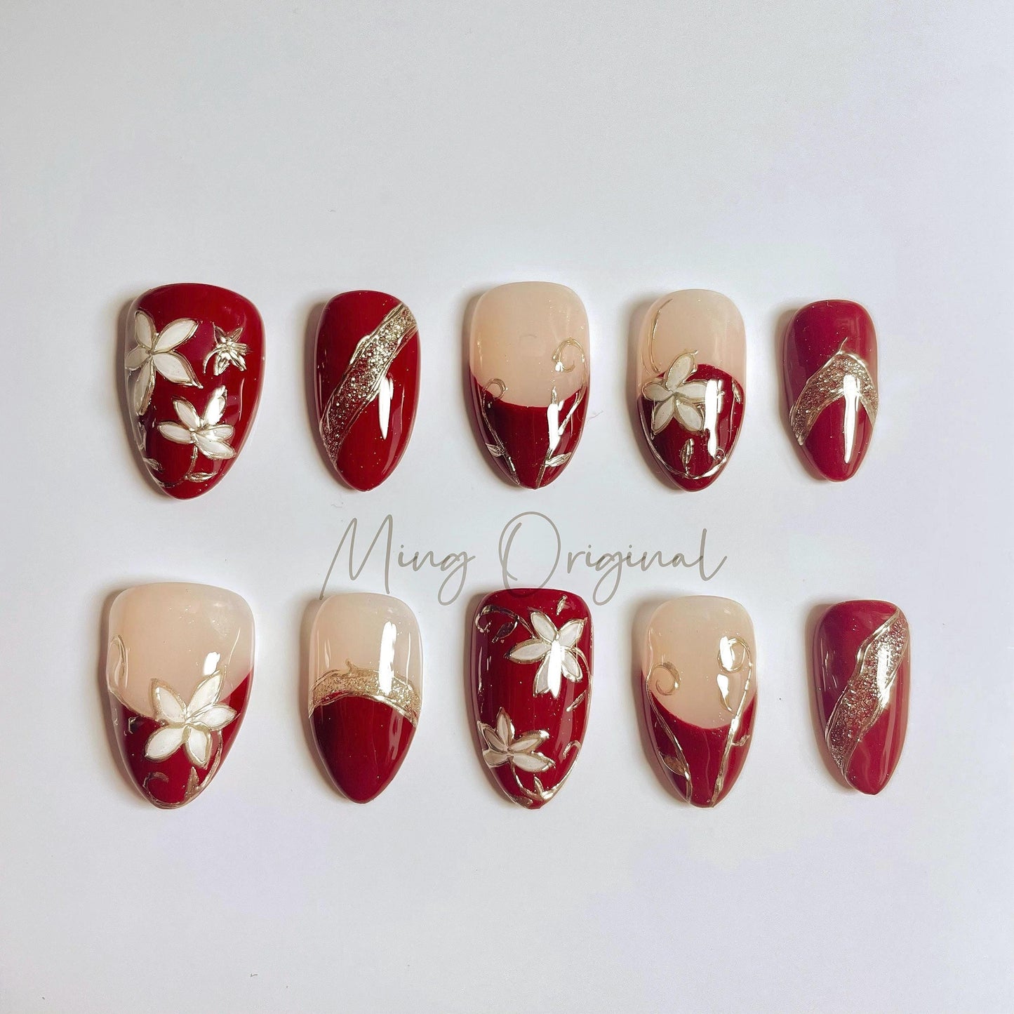 Nude red blossom sculptured flower Press on Nails, Gold Frame Orchard Floral Nails, Jelly Nails, gift for her, MO447