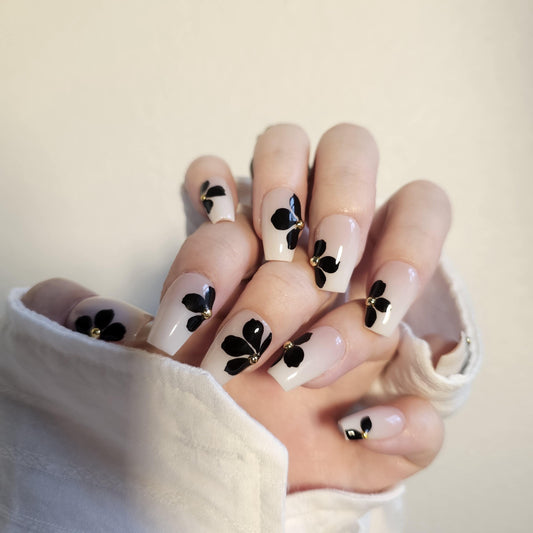 Black camellia Flower wedding nail, hand painted wild flower Press on Nails, bridal nail, bridesmaid nail, gift for her